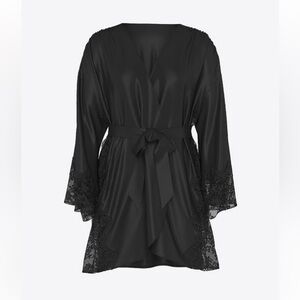 Victoria’s Secret Satin Lace Trim Robe Black XS/S Kimono Style Wrap Belt Lounge